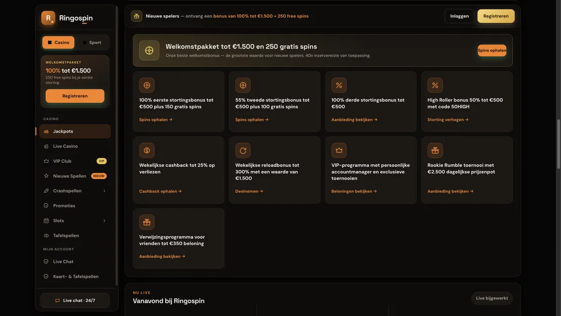 Tableau des promotions RingoSpin : bienvenue, high roller, cashback, reload, VIP