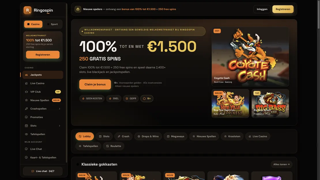 Accueil RingoSpin Casino avec le pack de bienvenue 100 % jusqu'à 1 500 € + 250 tours gratuits